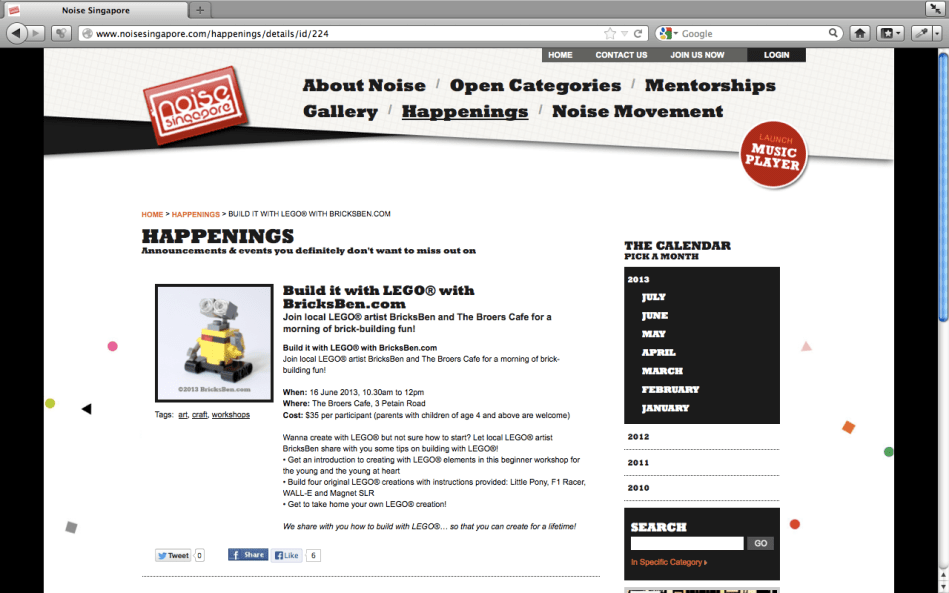 Noise Singapore Website (Jun 2013) - BricksBen Build it wIth LEGO Workshop at The Broers Cafe